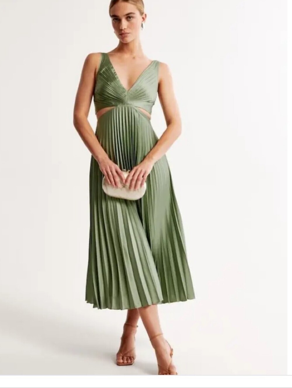 Abercrombie & Fitch Olive Green Pleated Plisse Cutout Maxi Dress Medium NWT $150